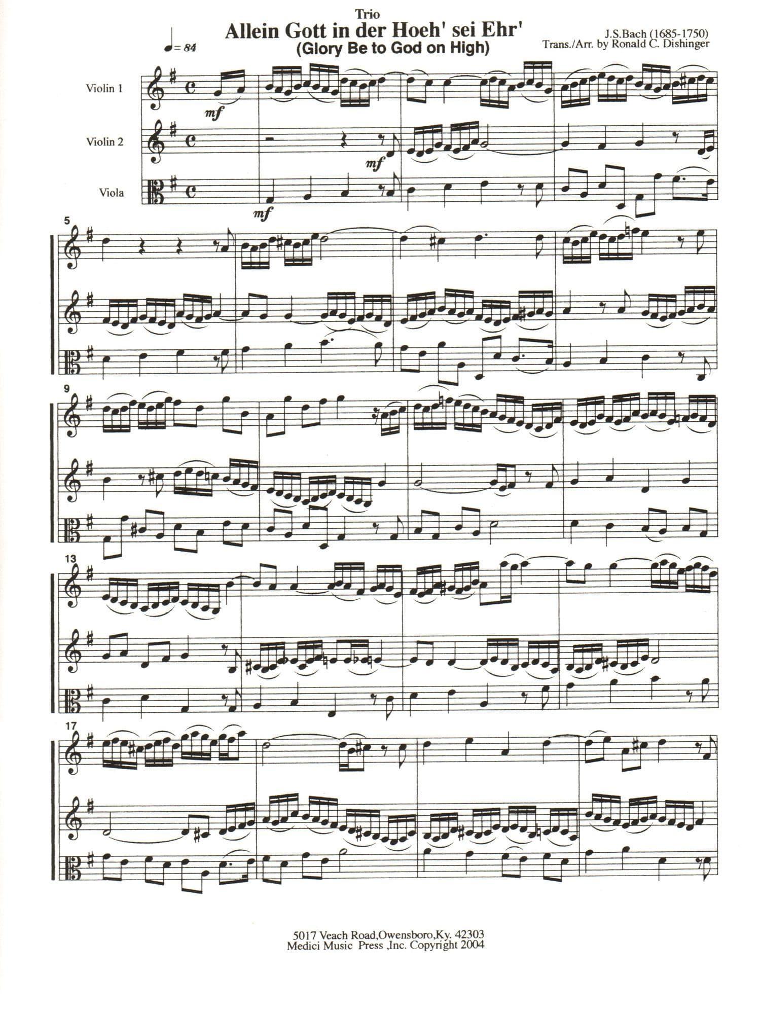 Bach, J.S. - Glory Be to God on High - for Two Violins and Viola - arranged by Dishinger - Medici Music Press