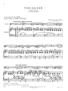 Rachmaninov, Sergey - Vocalise Op 34, No 14 - Violin & Piano - arranged by M Press - edited by Josef Gingold - International Music Company Edition