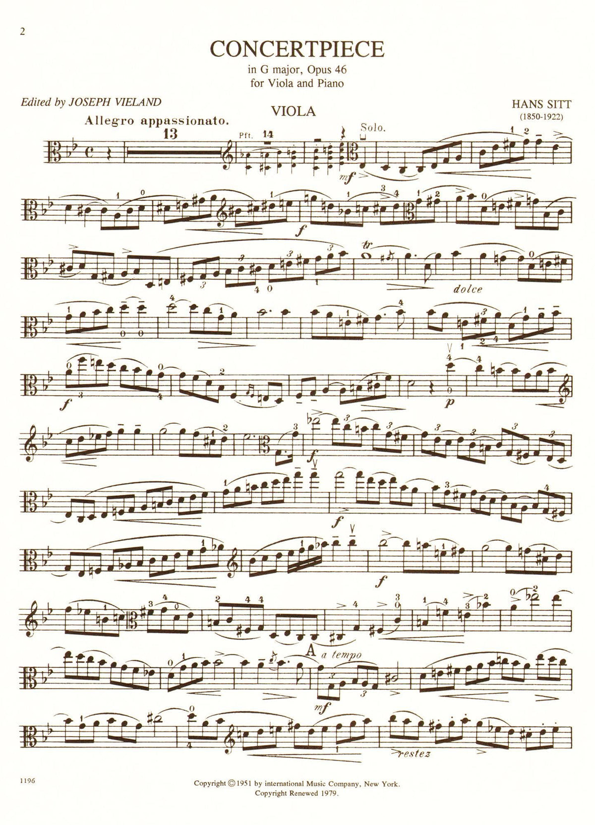 Sitt, Hans - Concertpiece In G Minor, Op 46 For Viola and Piano Published by International Music Company