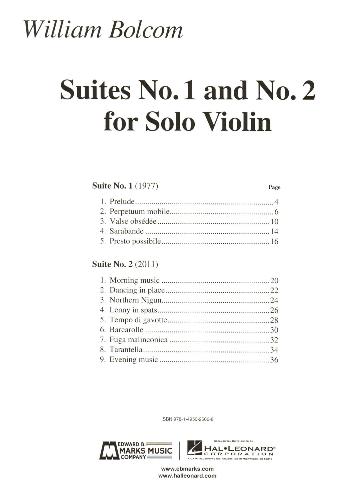 Bolcom, William - Suites No. 1 and No. 2 - for Solo Violin - Edward B. Marks Music Company