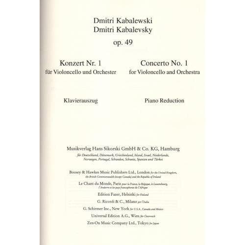 Kabalevsky, Dmitri - Concerto Number 1, Opus 49 For Cello and Piano Published by Sikorski