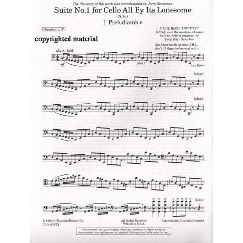 Bach, PDQ - Suite No 1 For Cello All By Its Lonesome - "edited" by Peter Schickele - Theodore Presser Company