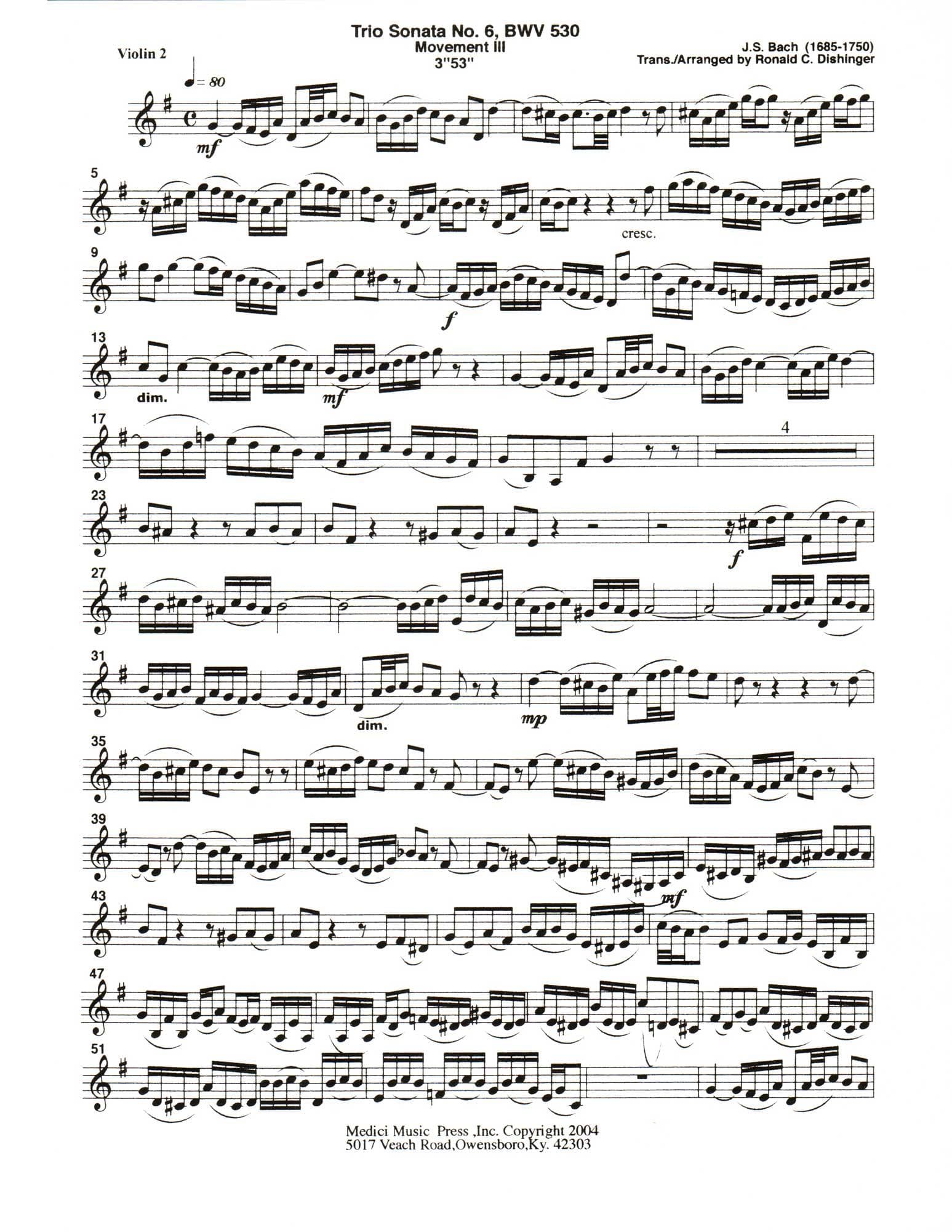 Bach, J.S. - Trio Sonata No. 6, Mvt. III, from BWV 530 - for String Quintet or Orchestra - transcribed by Dishinger - Medici Music Press