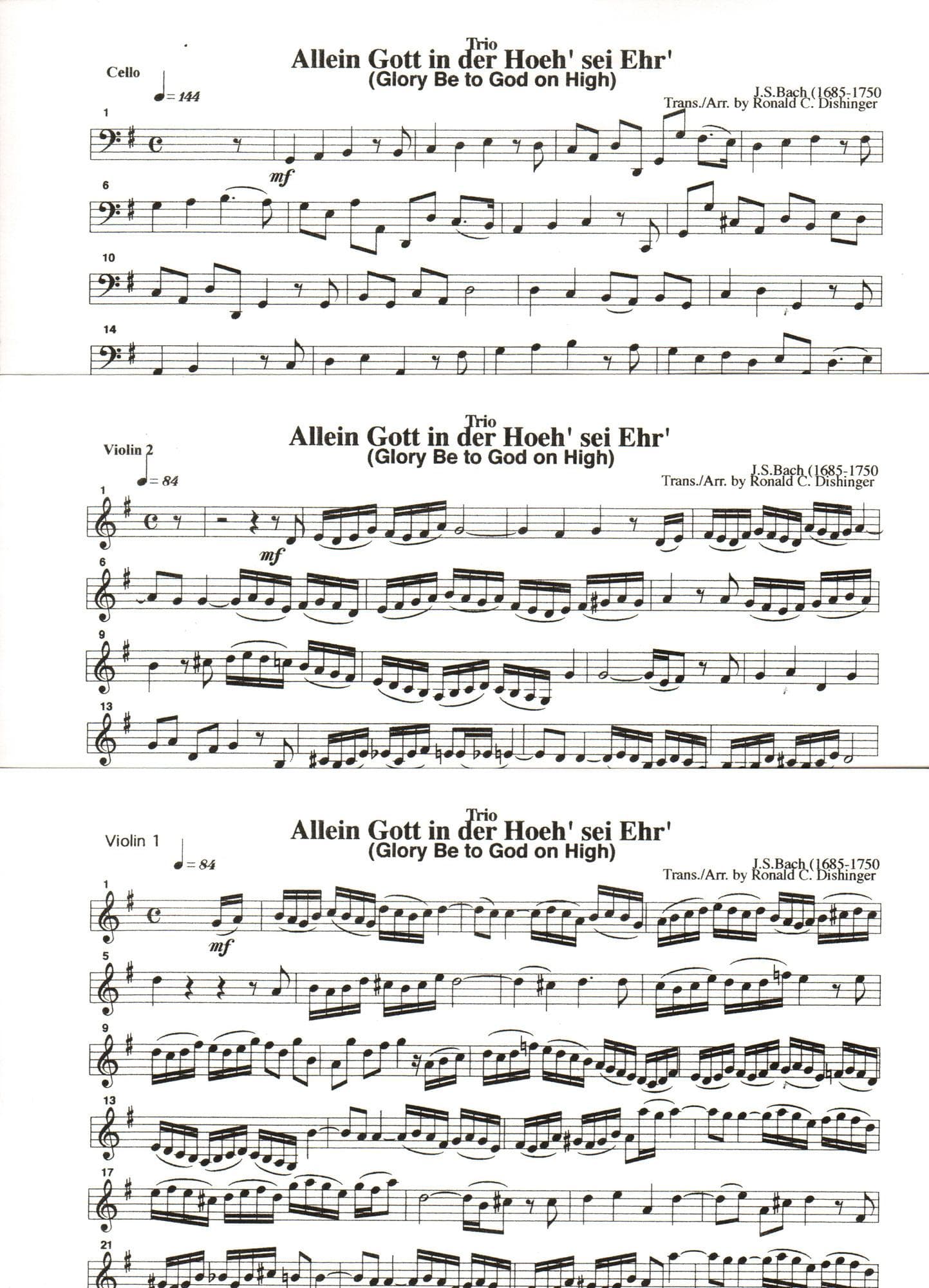 Bach, J.S. - Glory Be to God on High for Two Violins and Cello - Medici Music Press Publication