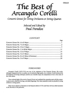 Corelli, Arcangelo - The Best of Arcangelo Corelli - for String Quartet or String Orchestra - Cello part - edited by Paul Paradise - Belwin-Mills Publishing