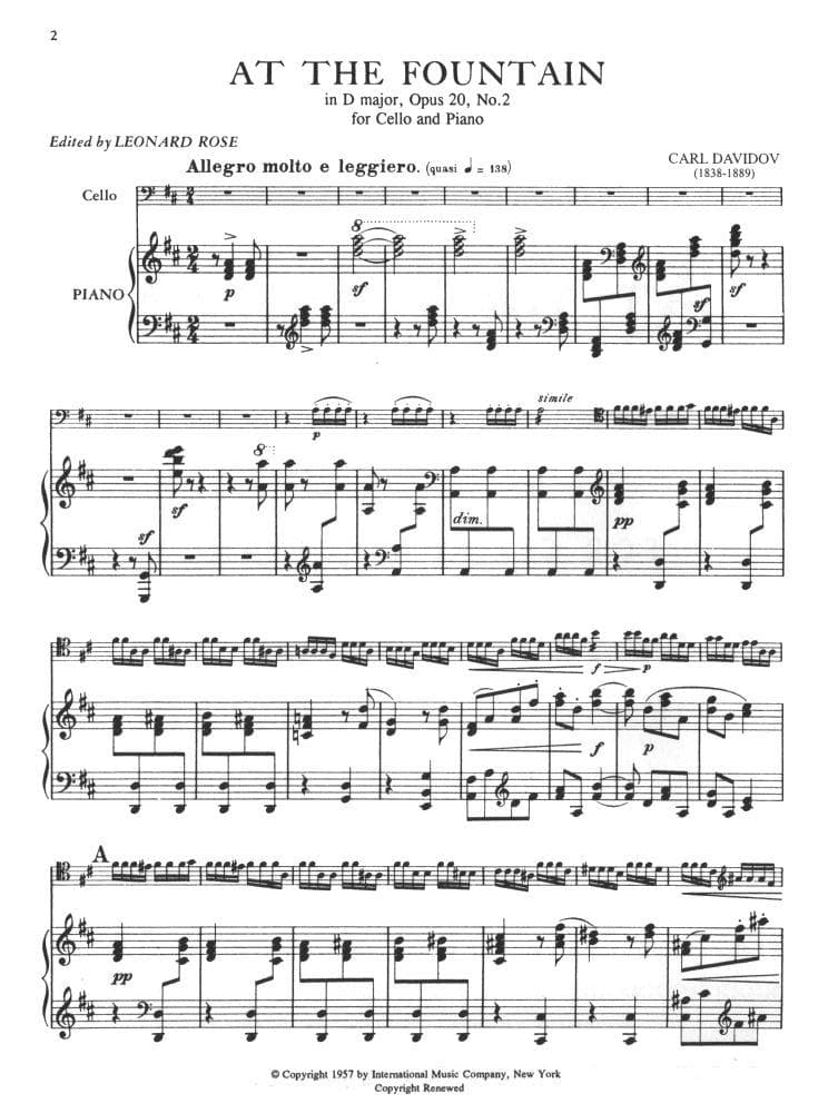 At the Fountain in D Major, Op 20 No 2 - Davidov, Carl - Cello and Piano - edited by Rose - International Music Company