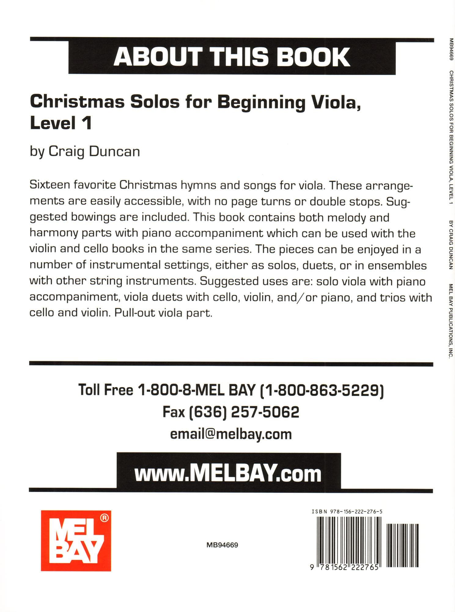 Christmas Solos for Beginning Viola, Level 1 - Viola Parts with Piano Accompaniment for Flexible Ensembles - by Craig Duncan - Mel Bay Publications