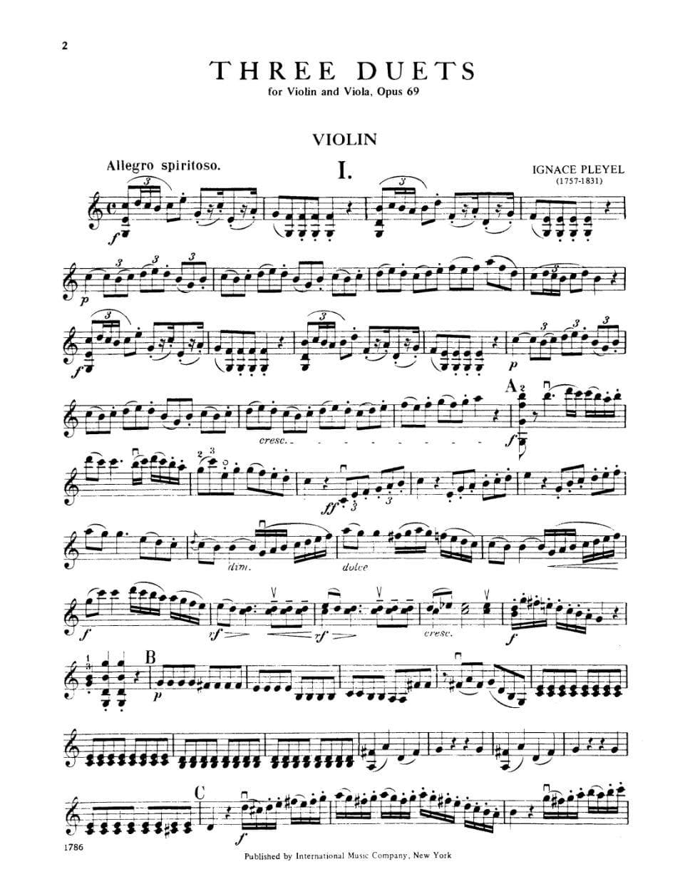 Pleyel, Ignace Joseph - Three Duets  Op 69 B 526-528 For Violin and Viola Published by International Music Company