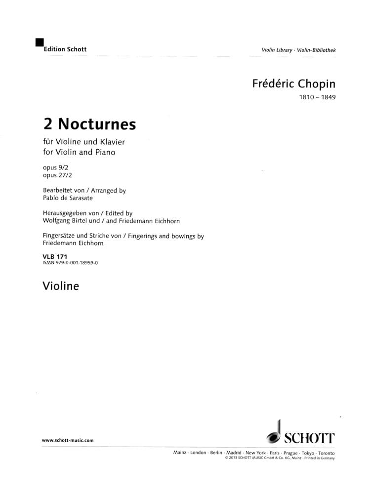 Chopin/Sarasate - 2 Nocturnes, Op 9/2 and Op 27/2 - for Violin and Piano -Schott