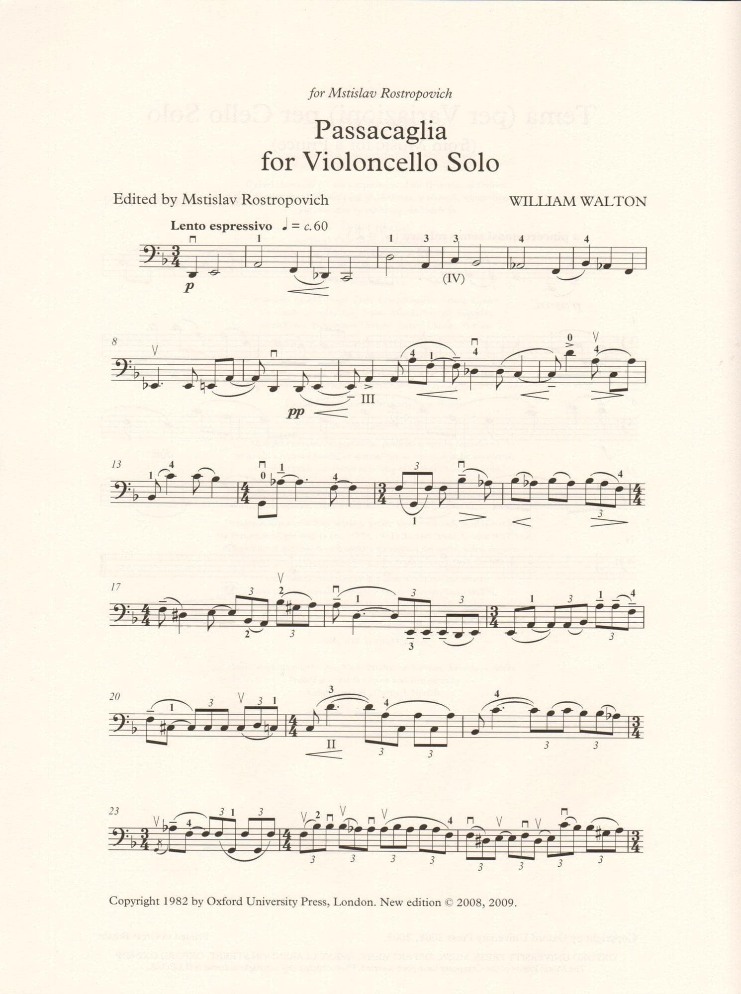 Walton, William - Two Pieces for Solo Cello (Tema per Variazioni & Passacaglia) - edited by Hugh MacDonald - Oxford University Press