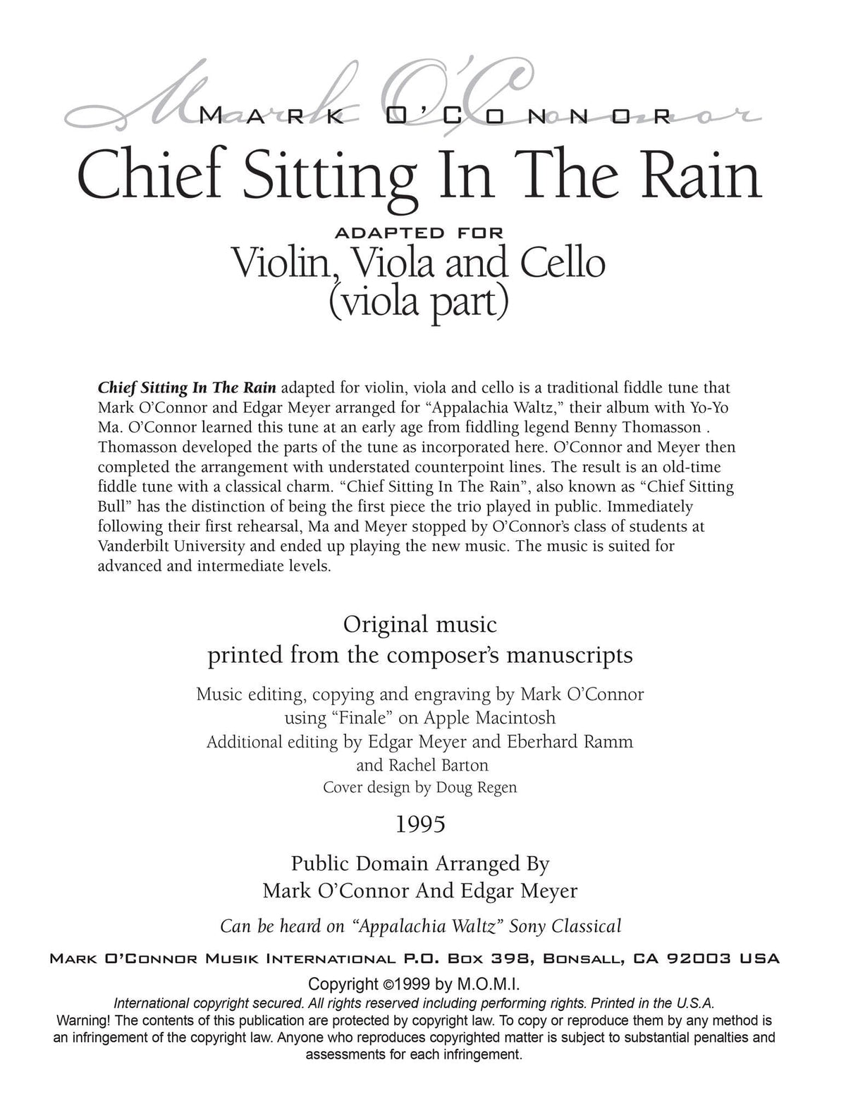 O'Connor, Mark - Chief Sitting In The Rain for Violin, Viola, and Cello - Viola - Digital Download