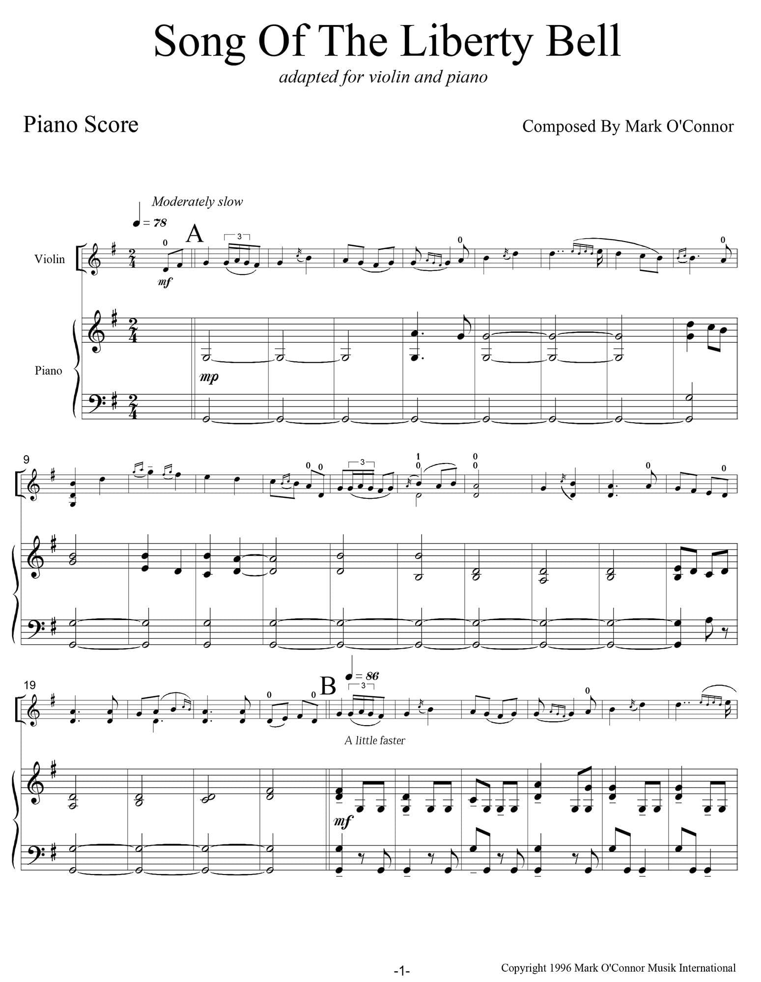 O'Connor, Mark - Song Of The Liberty Bell for Violin and Piano - Piano Score - Digital Download