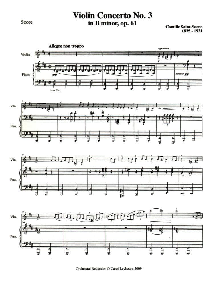 Saint-Saëns, Camille - Violin Concerto No 3 in b minor, Op 61 - PIANO ACCOMPANIMENT ONLY - arranged by Carol Leybourn - Frustrated Accompanist Edition