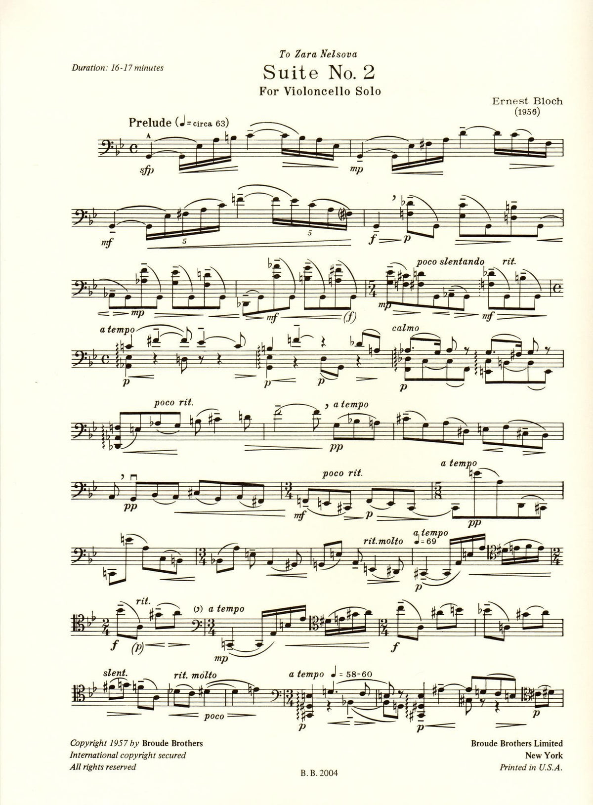 Bloch, Ernest - Suite No 2 for Cello (1956) - Broude Brothers Edition