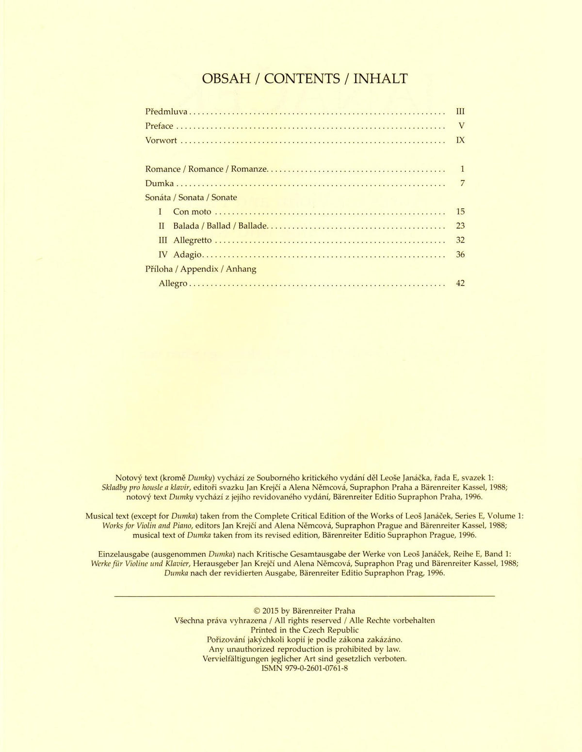 Janáček, Leoš - Works for Violin and Piano - Score and Parts - edited by Jan Krejčí and Alena Němcová - Bärenreiter Verlag URTEXT