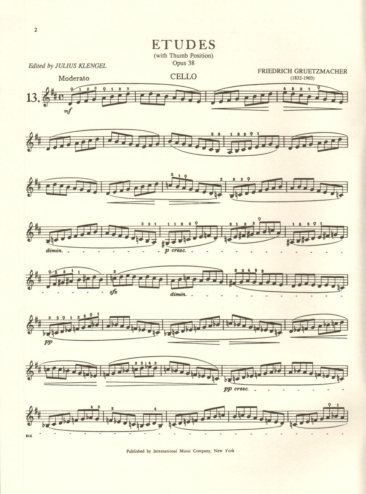 Gruetzmacher - Etudes (With Thumb Position), Op. 38 - Technology of Cello of Playing: Volume II - edited by Klengel - International