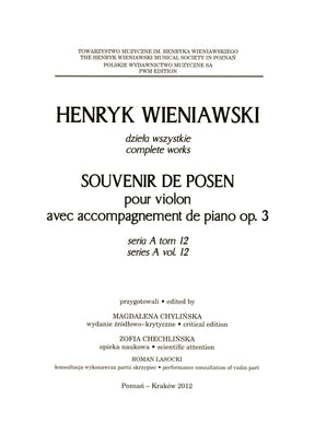 Wieniawski, Henryk - Souvenir de Posen, Opus 3 - for Violin and Piano - PWM Edition