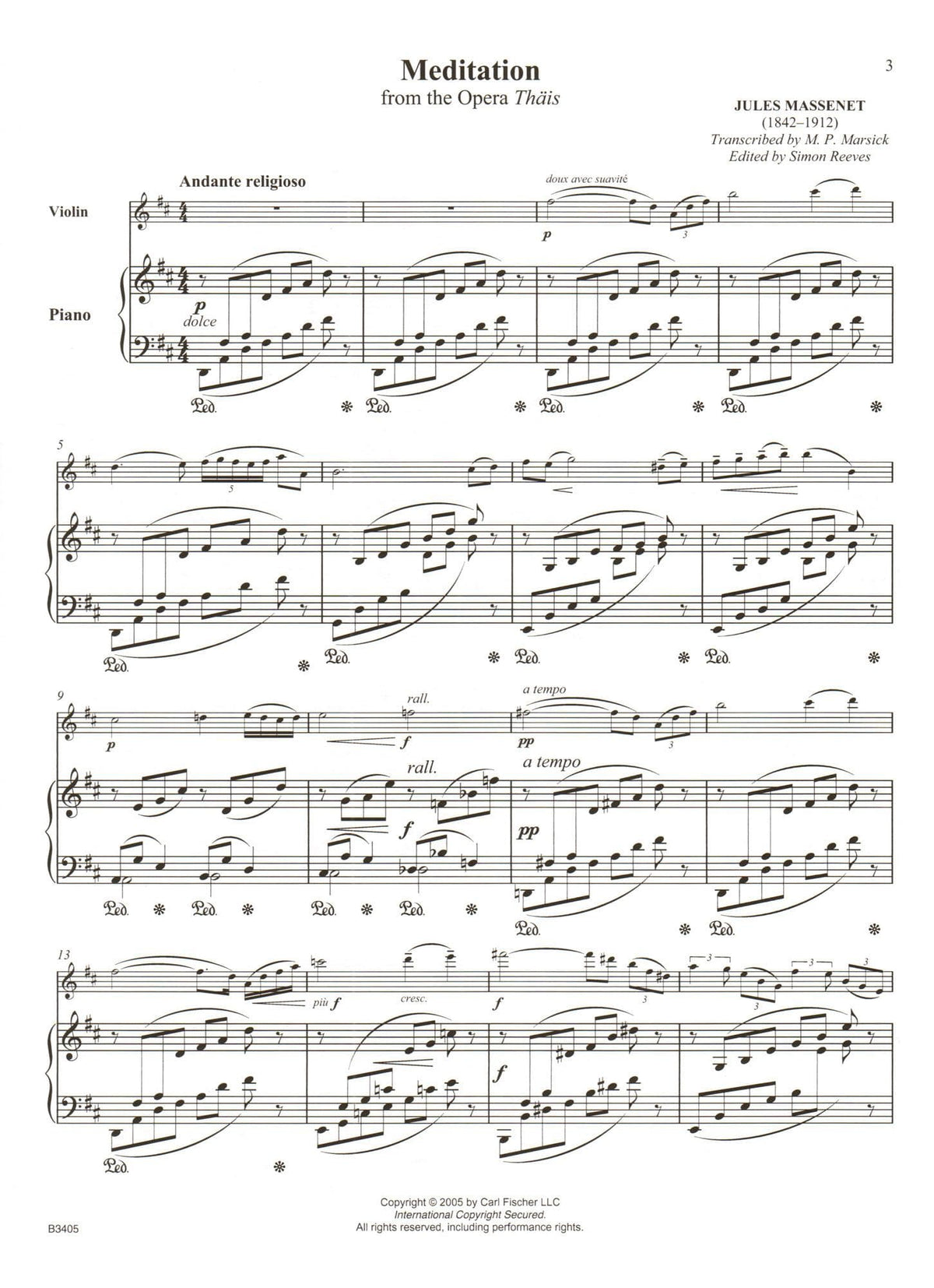 Massenet, Jules - Meditation from "Thais" - for Violin and Piano - with Online Audio Access - transcribed by Marsick - Carl Fischer