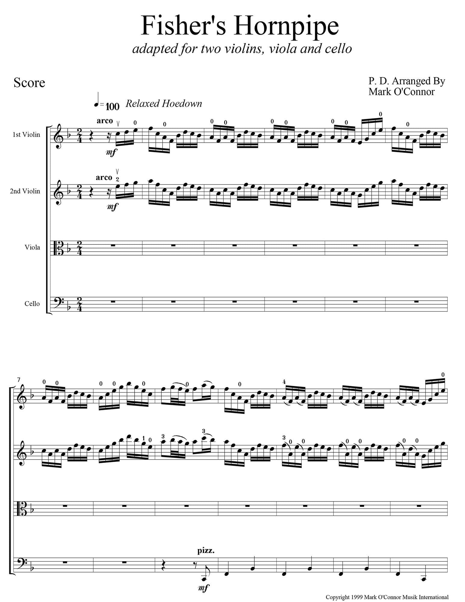 O'Connor, Mark - Fisher's Hornpipe for 2 Violins, Viola, and Cello - Score - Digital Download