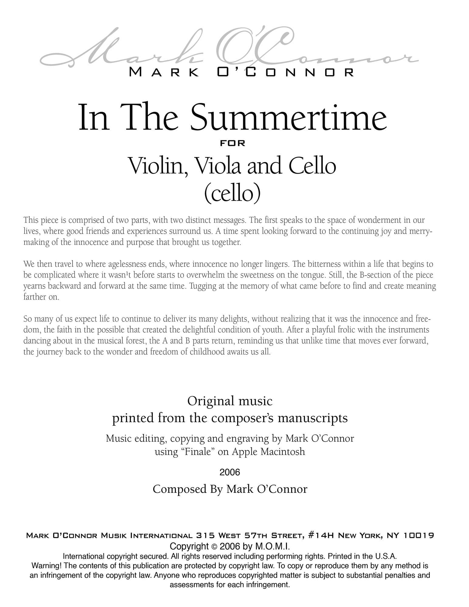 O'Connor, Mark - In the Summertime for Violin, Viola, and Cello - Cello - Digital Download