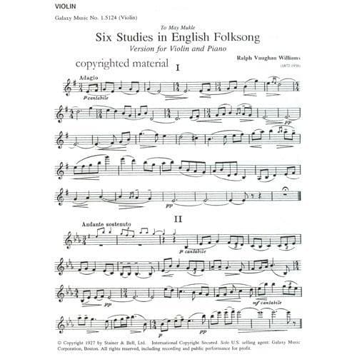 Vaughan Williams, Ralph - Six Studies in English Folksong - Violin and Piano - Galaxy Music Corporation