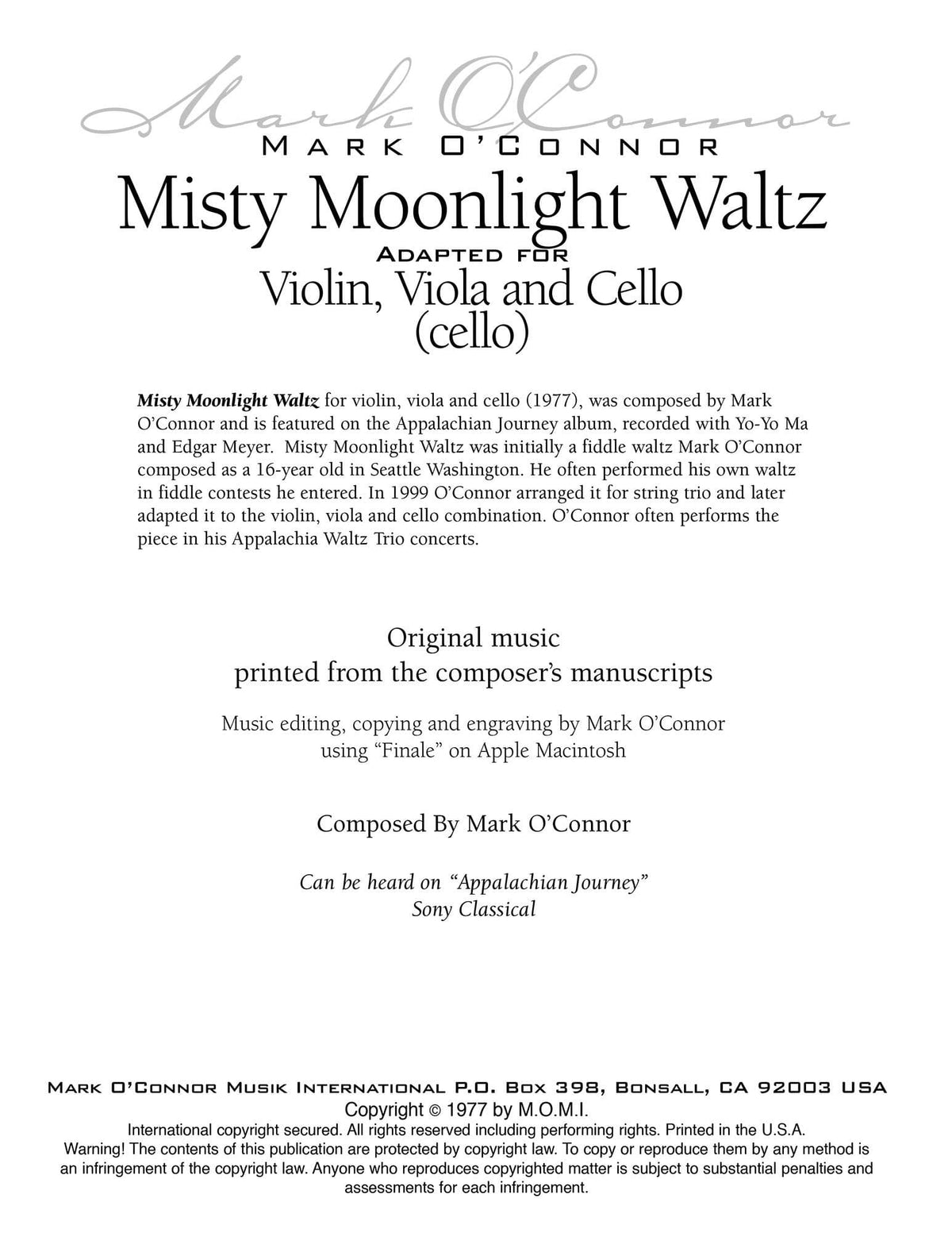 O'Connor, Mark - Misty Moonlight Waltz for Violin, Viola, and Cello - Cello - Digital Download