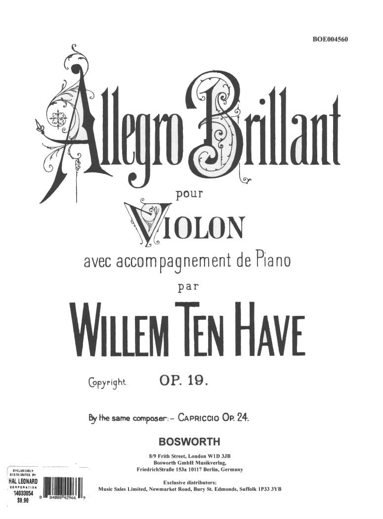 Ten Have, Willem - Allegro Brillant, Op 19 - Violin and Piano - Bosworth