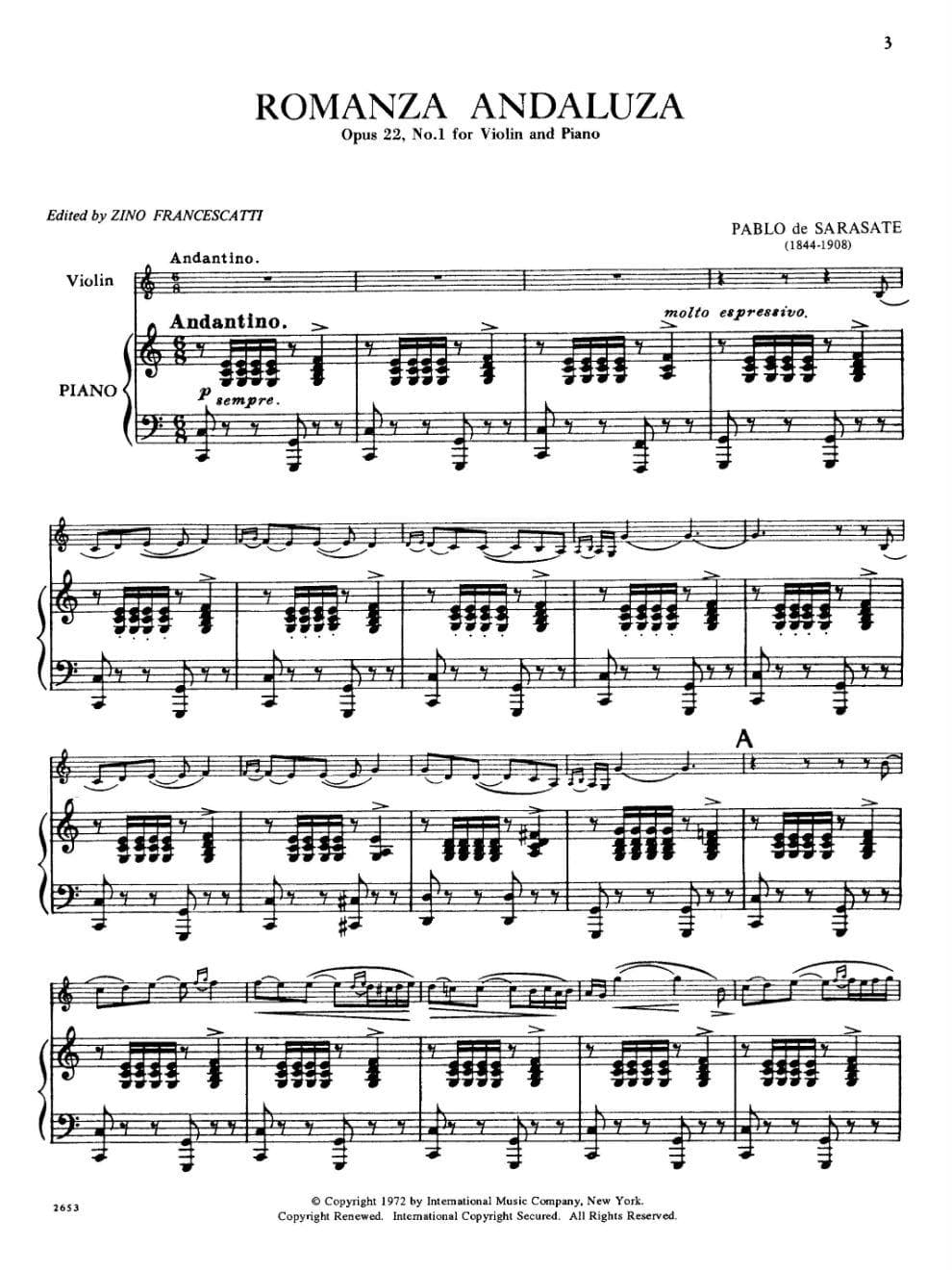 Sarasate, Pablo - Romanza Andaluza Op 22 No 1 For Violin and Piano Published by International Music Company