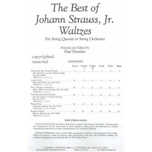 Strauss, Johann Jr - The Best of Johann Strauss, Jr - for String Quartet or String Orchestra - SCORE ONLY - edited by Paul Paradise - Belwin-Mills Publishing