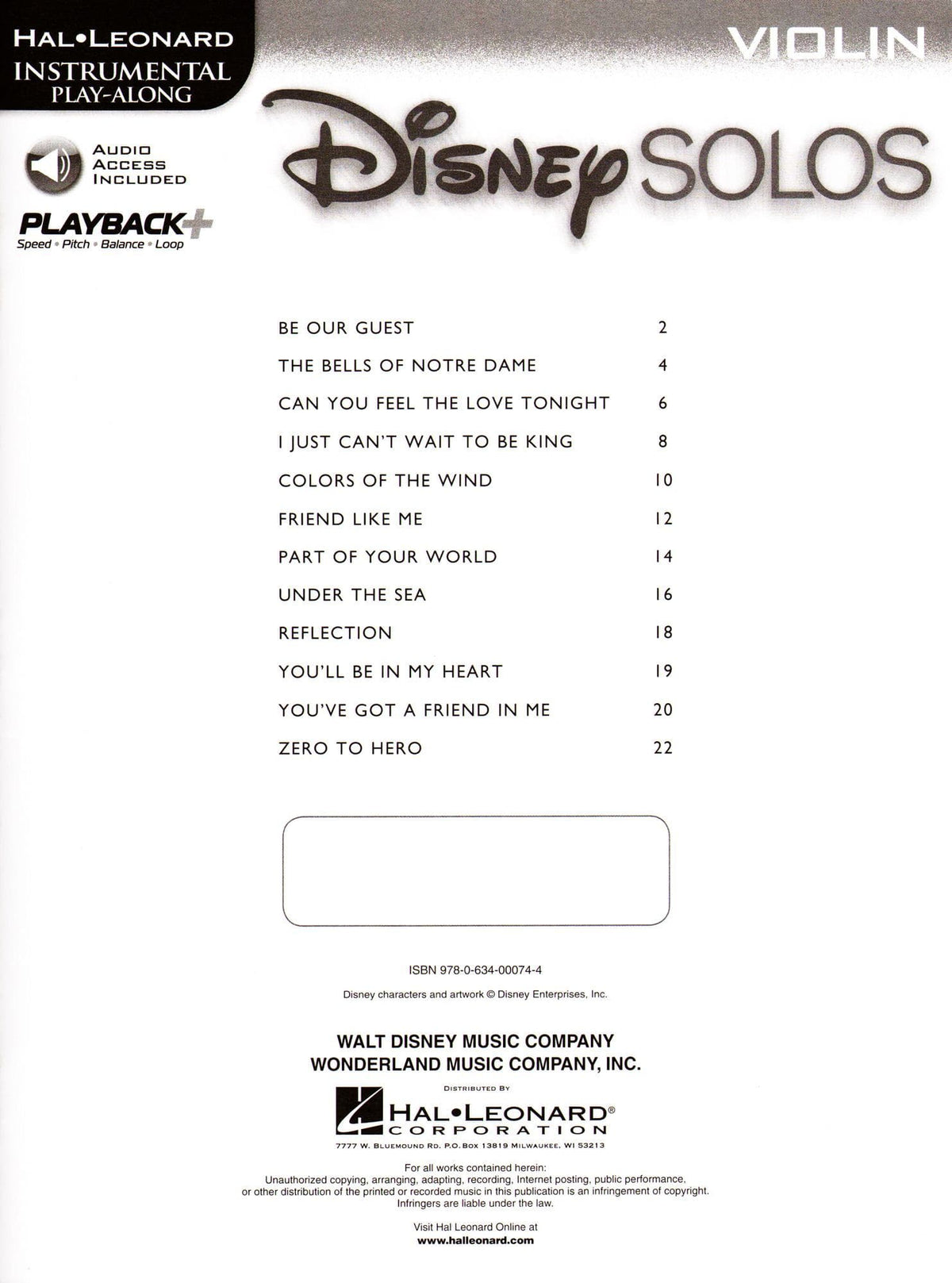 Disney Solos for Violin - Book/Online Audio - Hal Leonard Publication