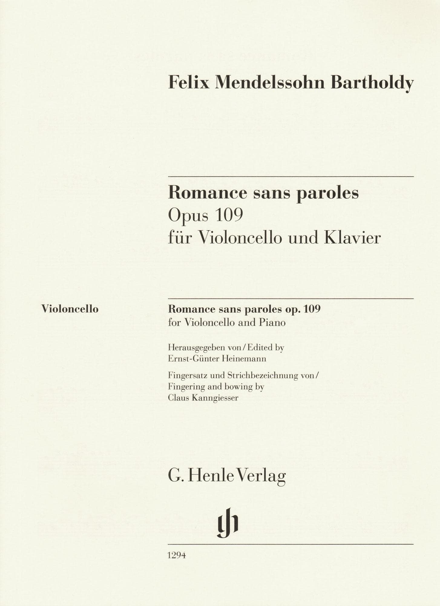 Mendelssohn, Felix - Romance Sans Paroles, Op 109 - for Cello and Piano - G. Henle Verlag URTEXT