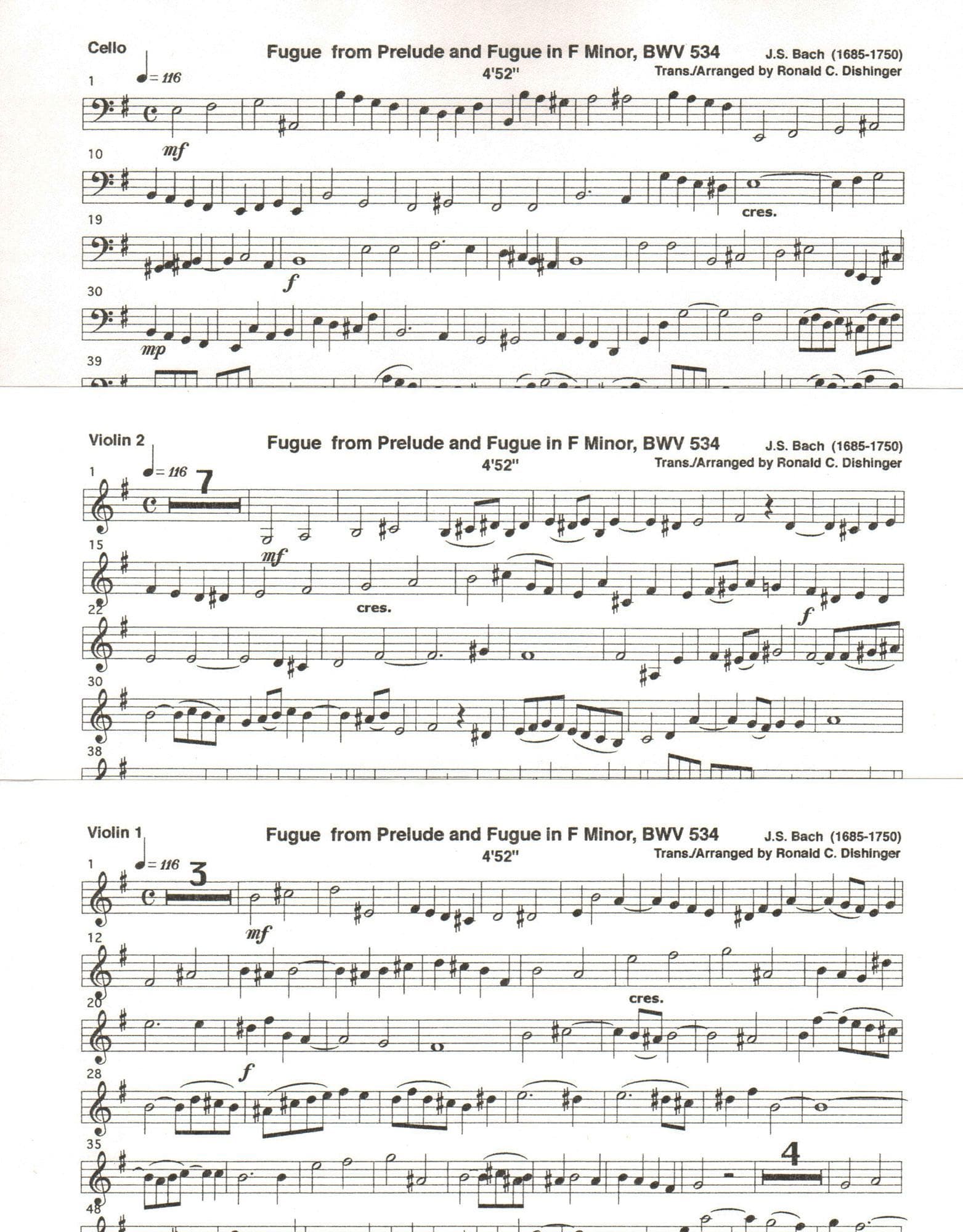 Bach, J.S. - Fugue from Prelude and Fugue (BWV 534) - for Two Violins and Cello - arranged by Dishinger - Medici Music Press