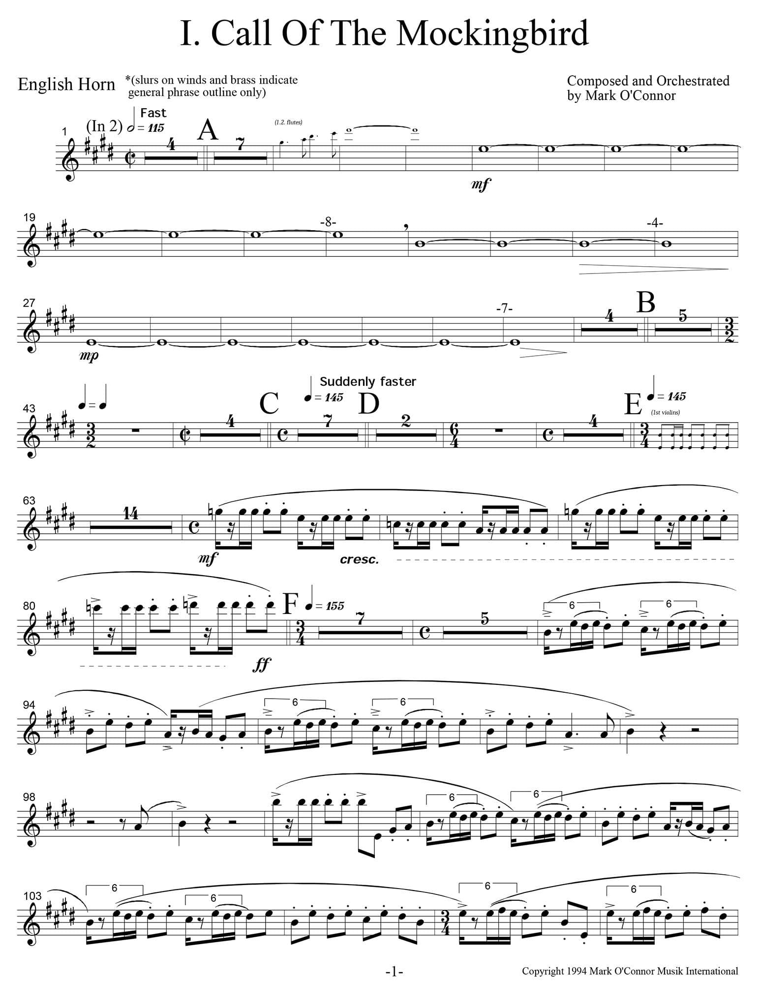 O'Connor, Mark - Three Pieces for Violin and Orchestra - Winds - Digital Download