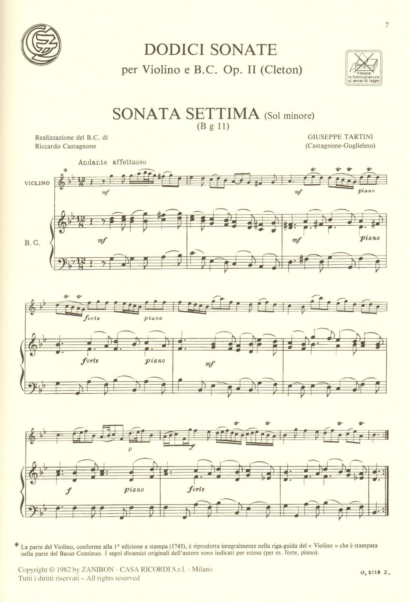 Tartini, Giuseppe - 12 Sonatas - for Violin and Piano - Volume II (Sonatas 7-12) - Zanibon