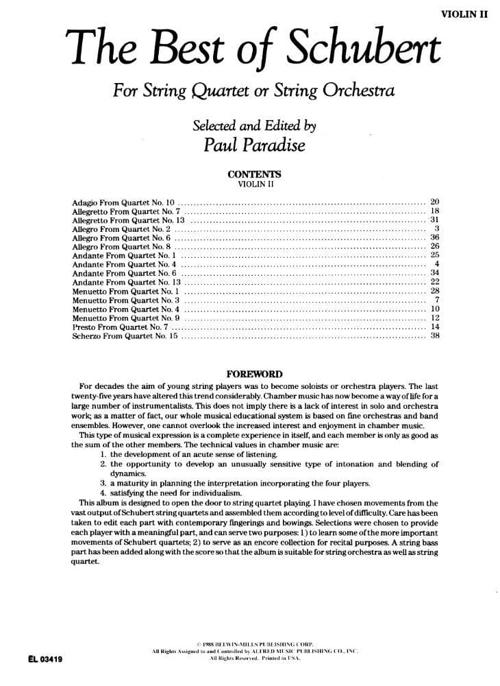 Schubert, Franz - The Best of Schubert - for String Quartet or String Orchestra - Violin 2 part - edited by Paul Paradise - Belwin-Mills Publishing