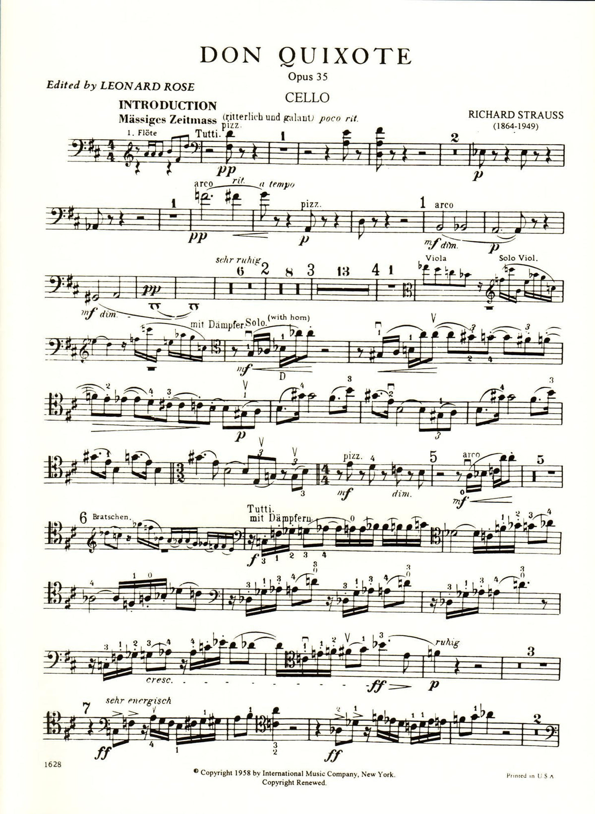 Strauss, Richard - Don Quixote, Op 35 - Solo Cello part - edited by Leonard Rose - International Music Company