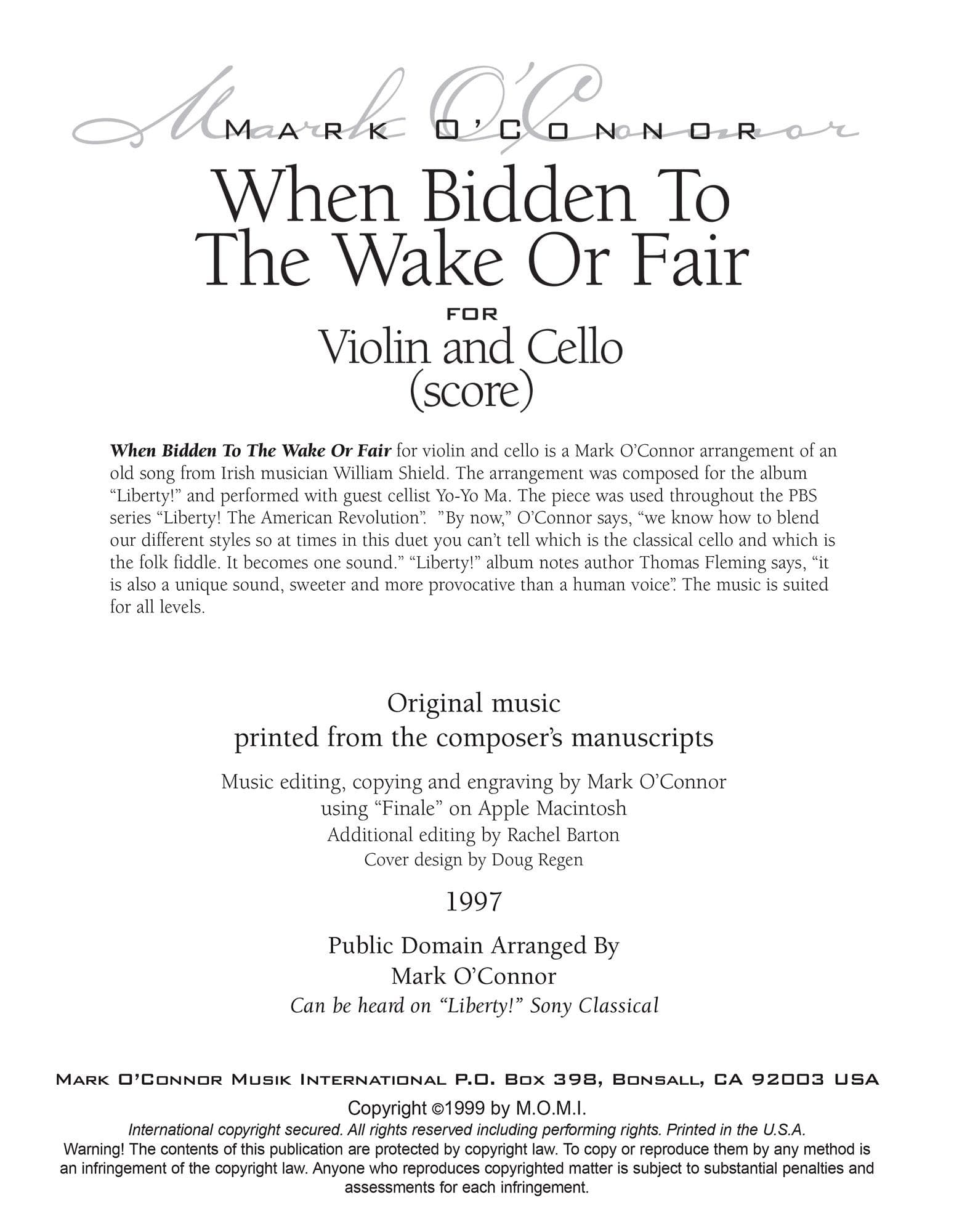 O'Connor, Mark - When Bidden To The Wake Or Fair for Violin and Cello - Score - Digital Download