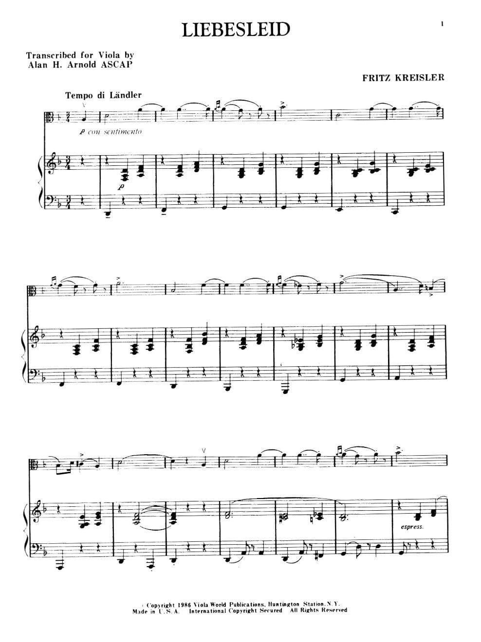 Kreisler, Fritz - Liebesleid - Viola and Piano - transcribed by Alan Arnold - Viola World Publishing