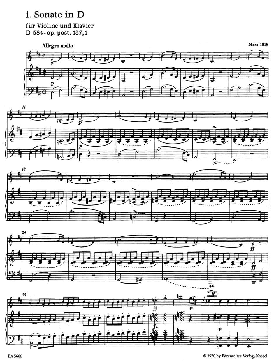 Schubert, Franz - Three Sonatinas, Op 137 For Violin and Piano URTEXT Published by Barenreiter