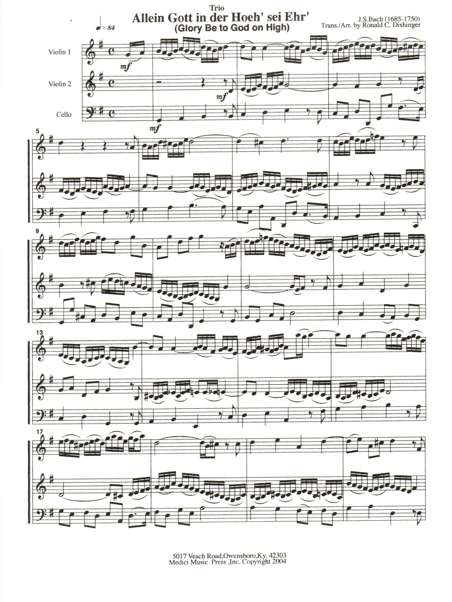 Bach, J.S. - Glory Be to God on High for Two Violins and Cello - Medici Music Press Publication