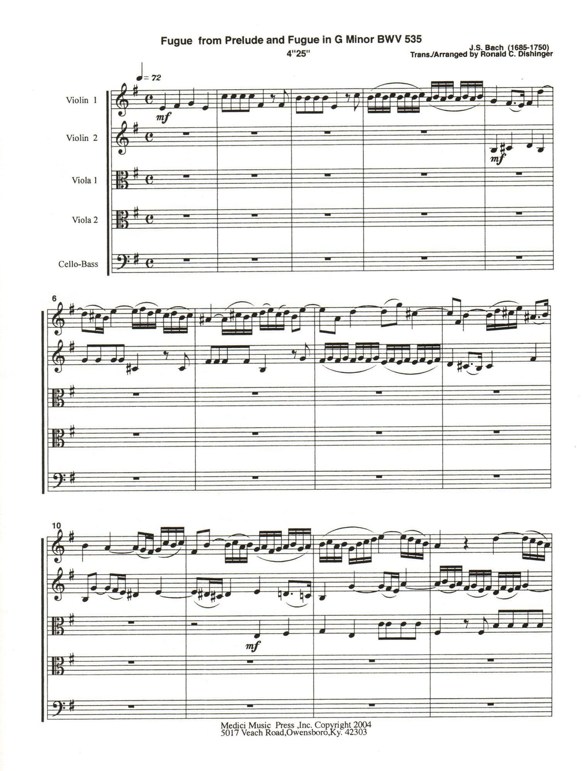 Bach, J.S. - Fugue from Prelude and Fugue (BWV 535) - for String Quintet or Orchestra - arranged by Dishinger - Medici Music Press