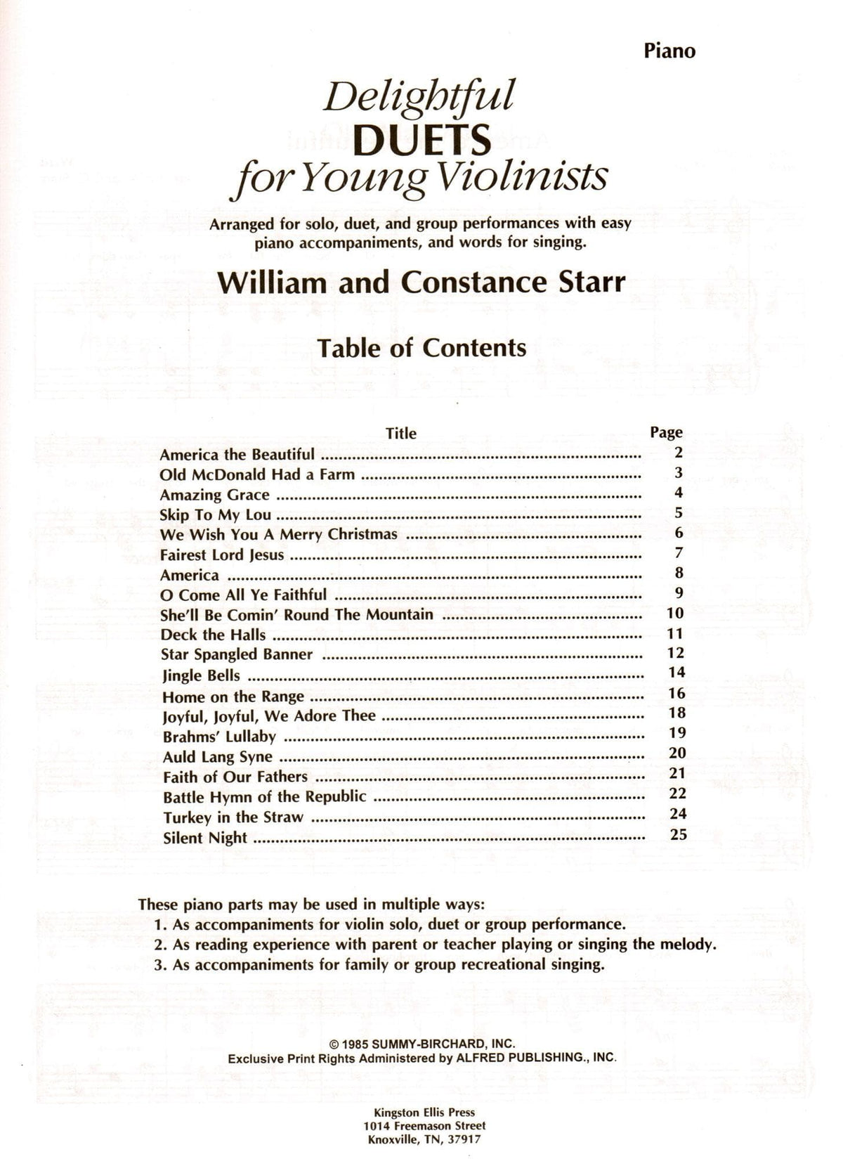 Delightful Duets for Young Violinists by William Starr Piano Parts Published by Alfred Music