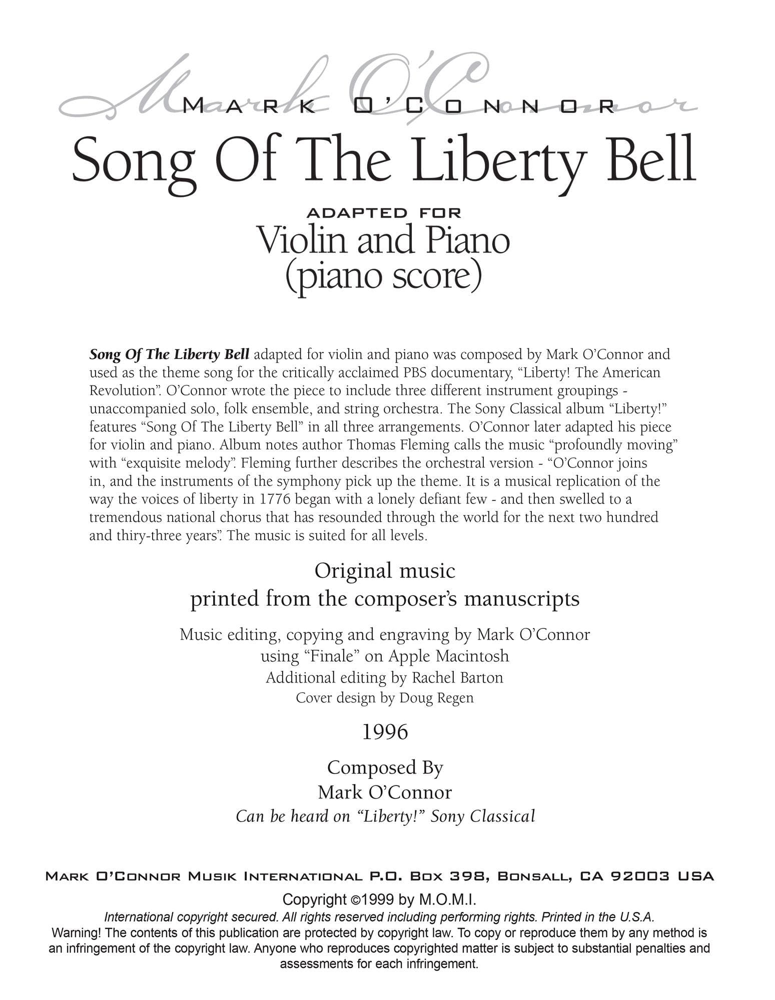 O'Connor, Mark - Song Of The Liberty Bell for Violin and Piano - Piano Score - Digital Download