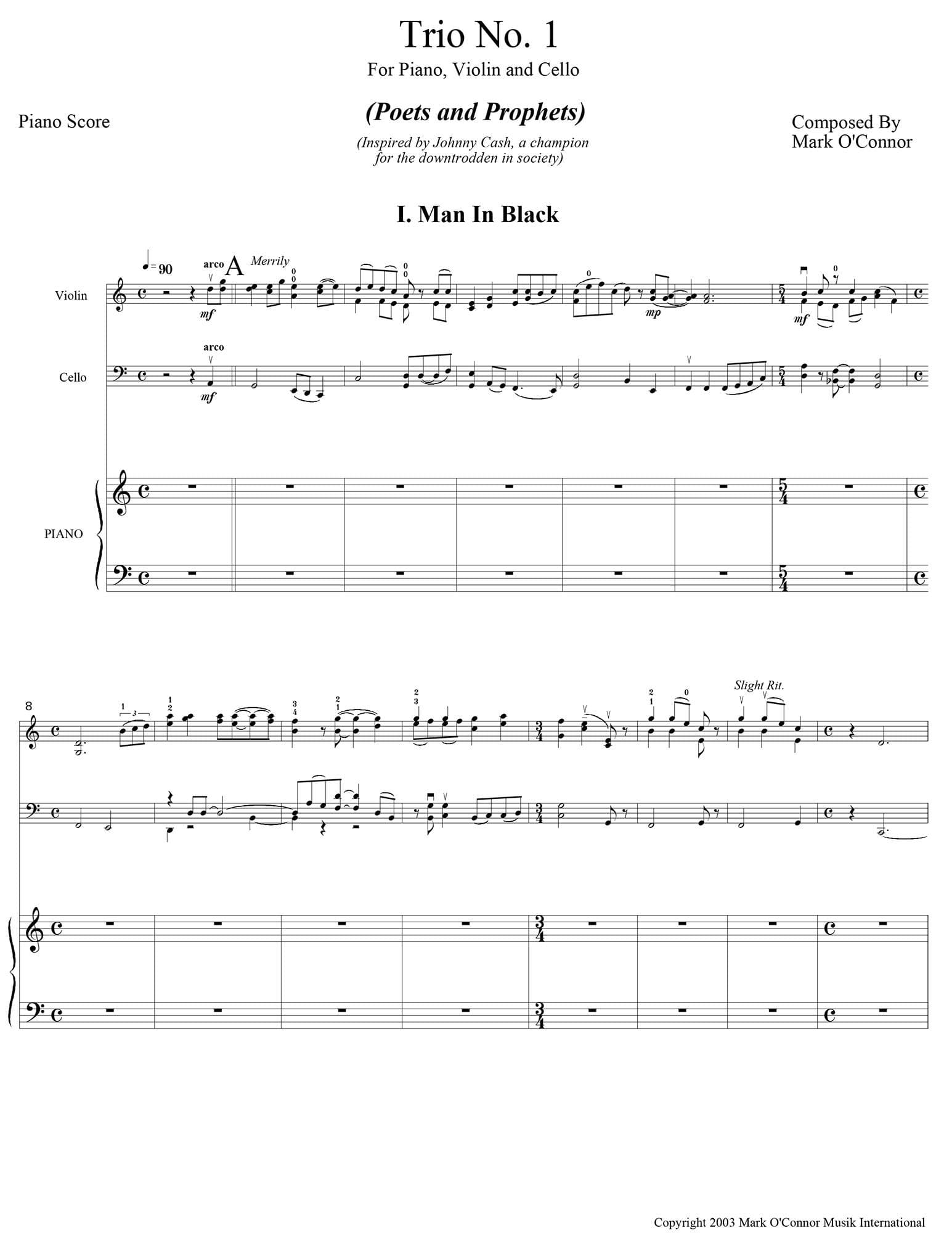 O'Connor, Mark - Trio No. 1 (Poets and Prophets) for Piano, Violin and Cello - Piano - Digital Download