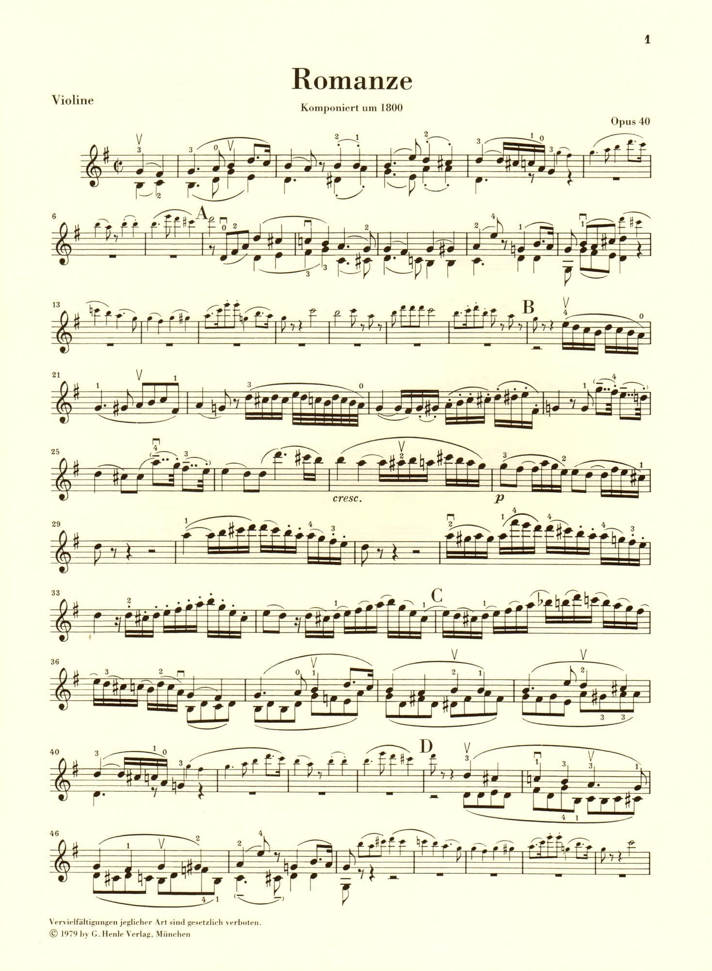 Beethoven, Ludwig - Two Romances, Op 40 and 50 - Violin and Piano - edited by Wolfgang Schneiderhan - G Henle Verlag URTEXT