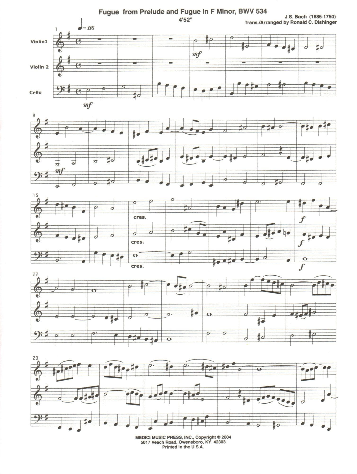 Bach, J.S. - Fugue from Prelude and Fugue (BWV 534) - for Two Violins and Cello - arranged by Dishinger - Medici Music Press