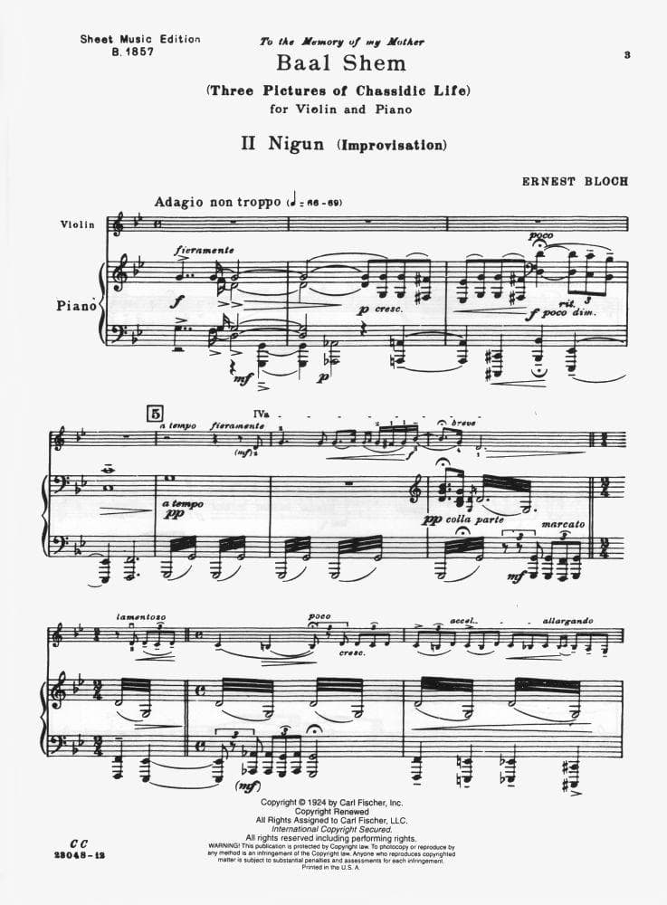 Bloch, Ernest - Nigun (Improvisation) No2 from "Baal Shem" (Three Pictures of Chassidic Life) for Violin and Piano - Fischer Edition