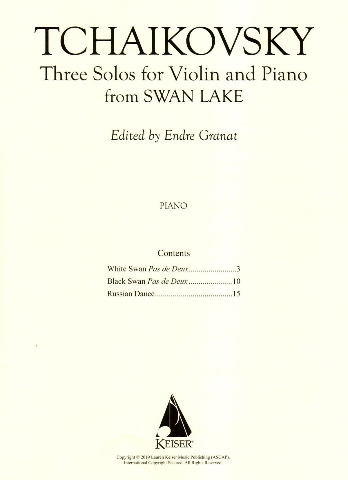 Tchaikovsky, P - Three Solos from Swan Lake - for Violin and Piano - Lauren Keiser Music