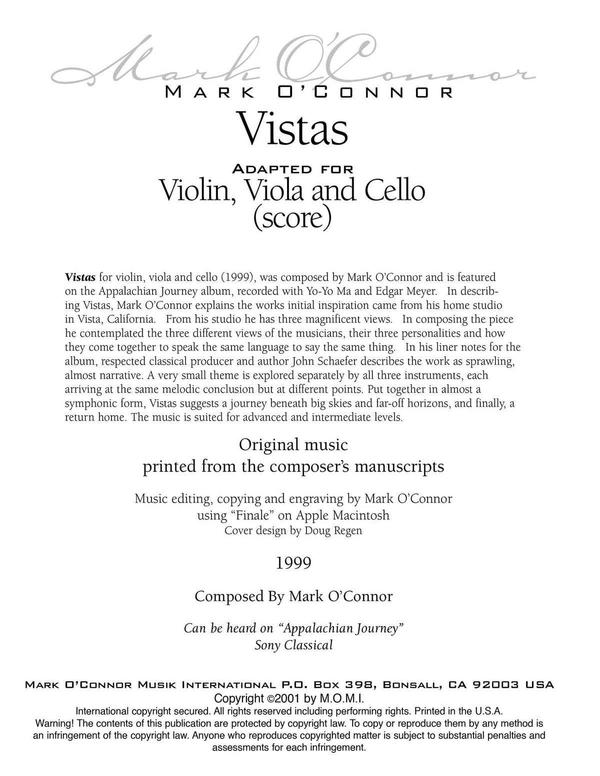 O'Connor, Mark - Vistas for Violin, Viola, and Cello - Score - Digital Download