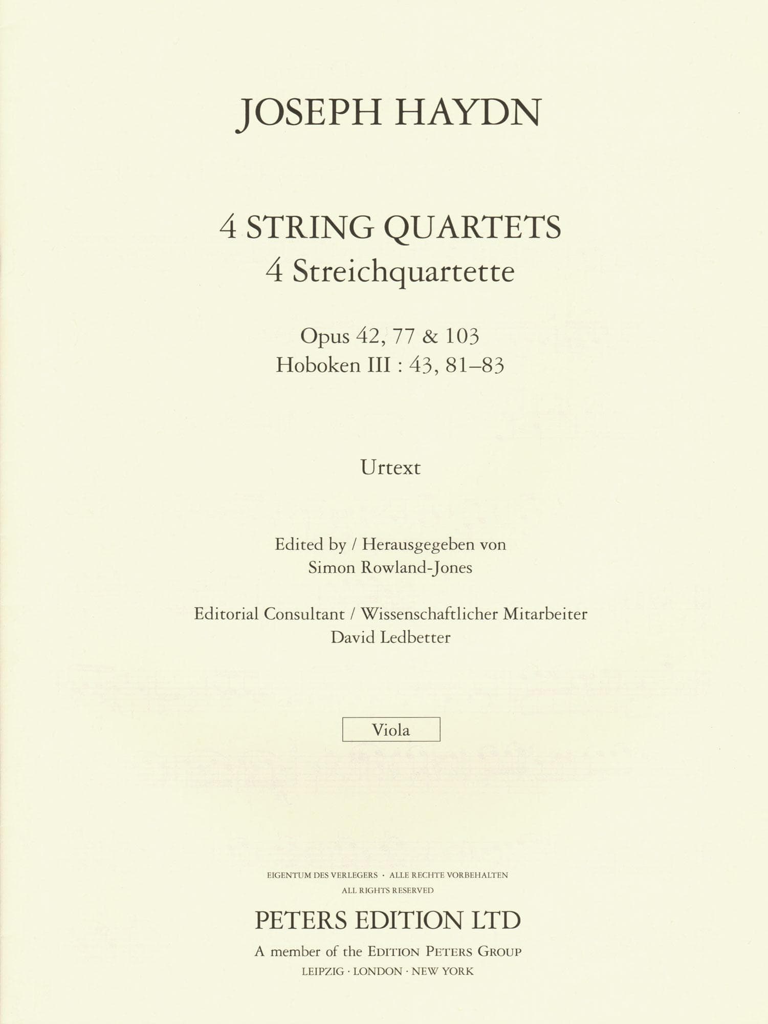 Haydn, Franz Joseph - 4 String Quartets, Op. 42, 77, 103 - Score and Parts - edited by Simon Rowland-Jones - Edition Peters URTEXT